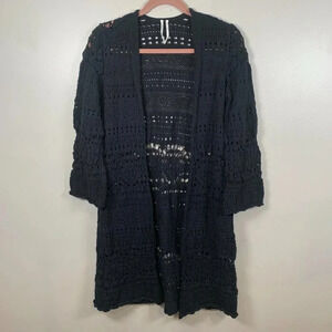 Anthropologie Pointelle Black Duster Cardigan Sweater Medium Petite MP crochet